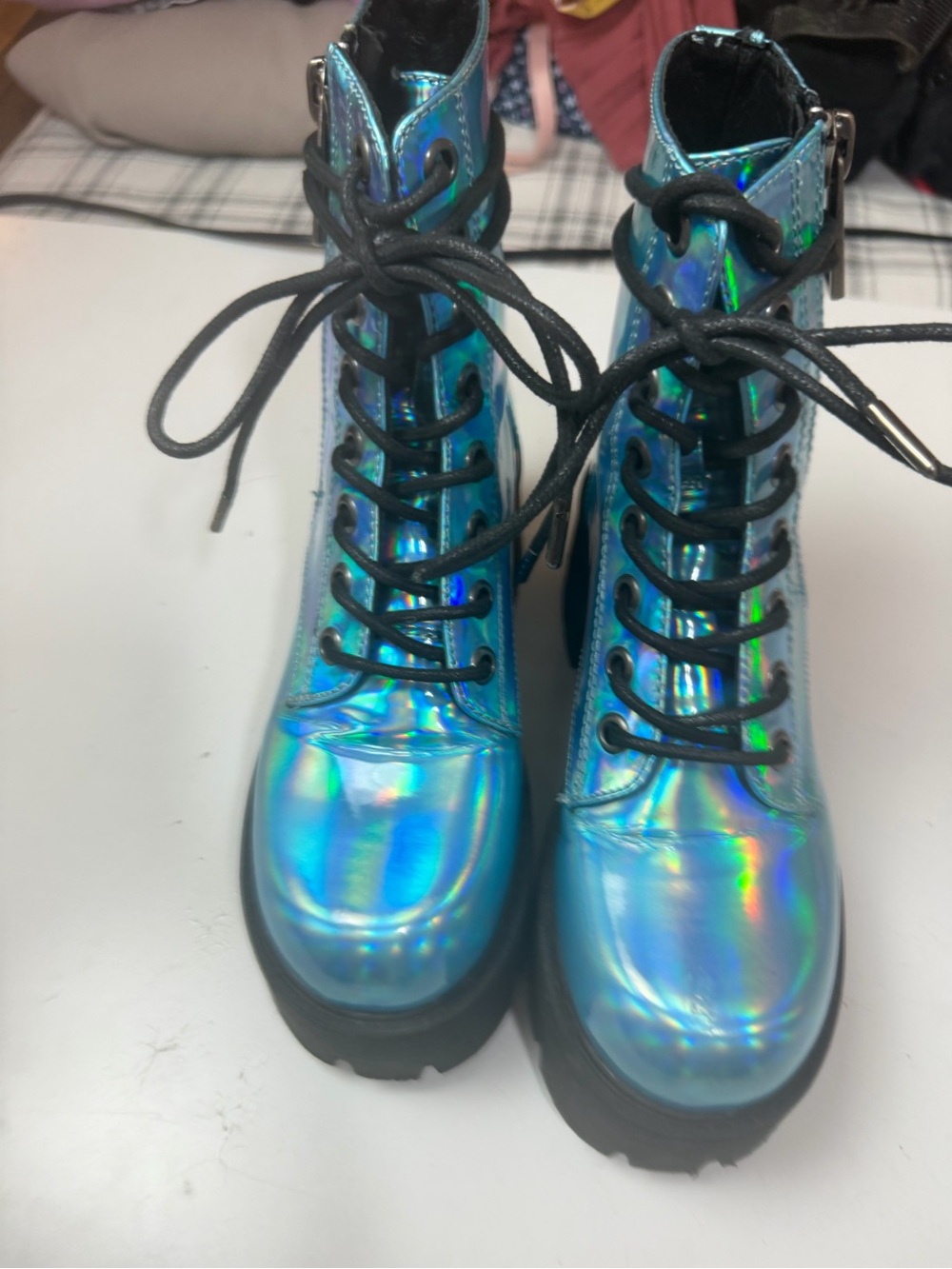 Current Mood Blue Metallic Holographic Walking On Water Platform Combat Boots 7 - Picture 5 of 16